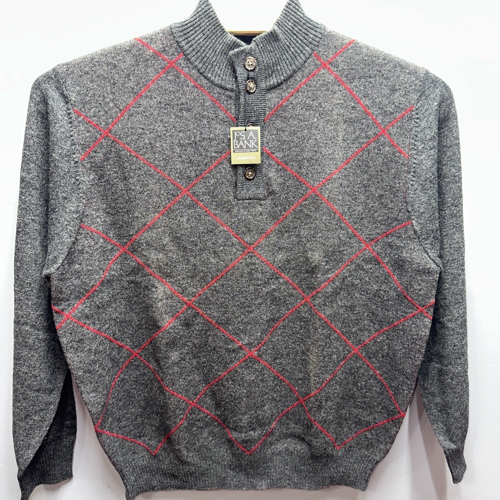 Jos A Bank Men Lambswool Mock Neck Button Sweater Charcoal Grey Red Argyle L NEW